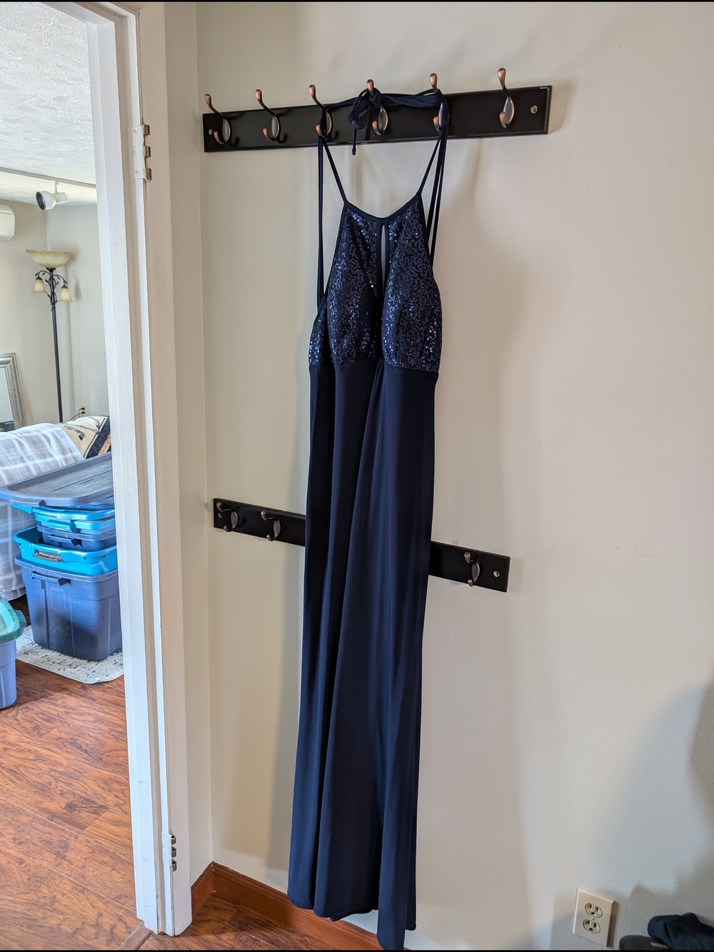 Xscape Navy Blue Sequin Bodice Prom Dress